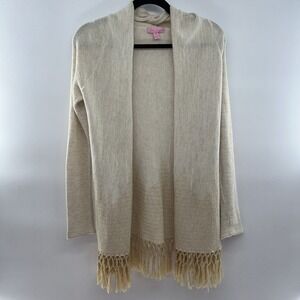 Lilly Pulitzer Tatum Open Cardigan XXS Ivory Gold Metallic Long Fringe Hem